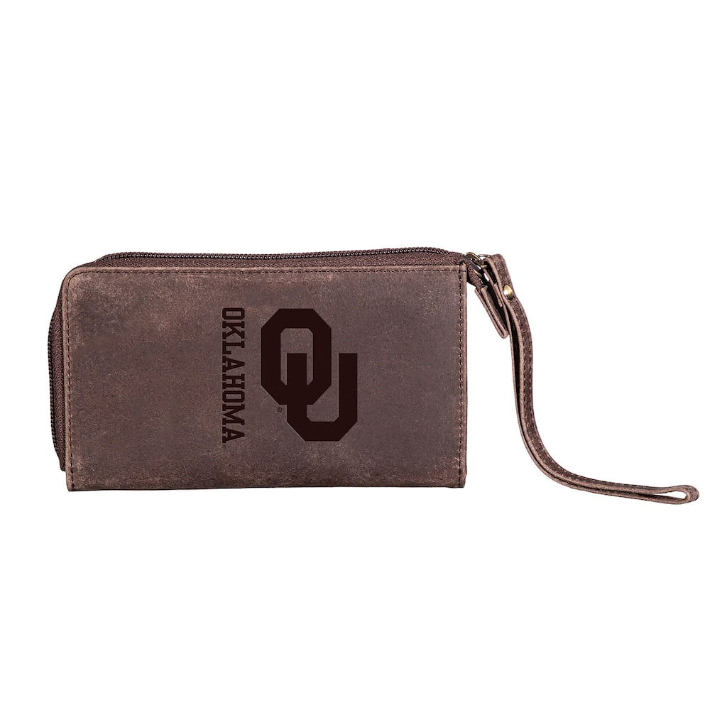 Brown Leather Cell Phone Wristlet Wallet, University of Oklahoma - 4" x 7"