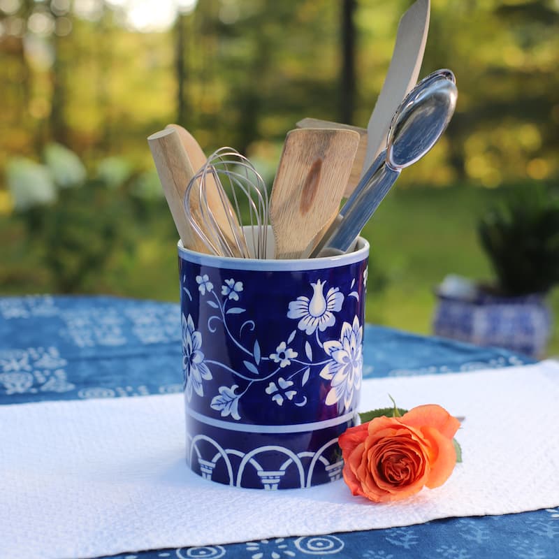 Euro Ceramica Blue Garden Utensil Holder - 6.1 in. x 6.1 in. x 7.4 in.