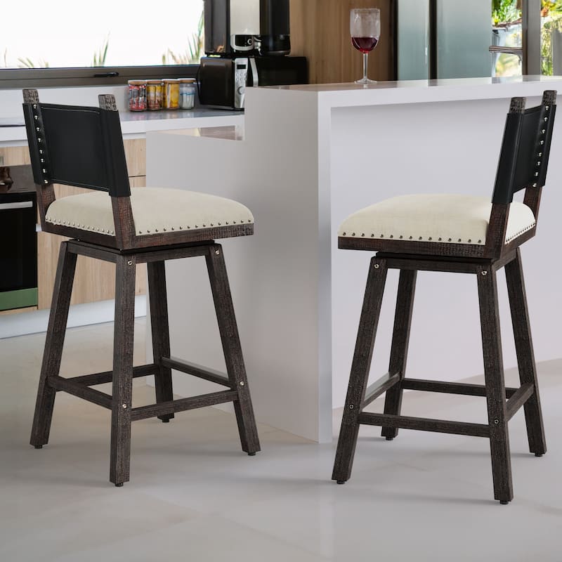 Moasis Solid Wood and Linen Swivel Counter Stool with Nailheads