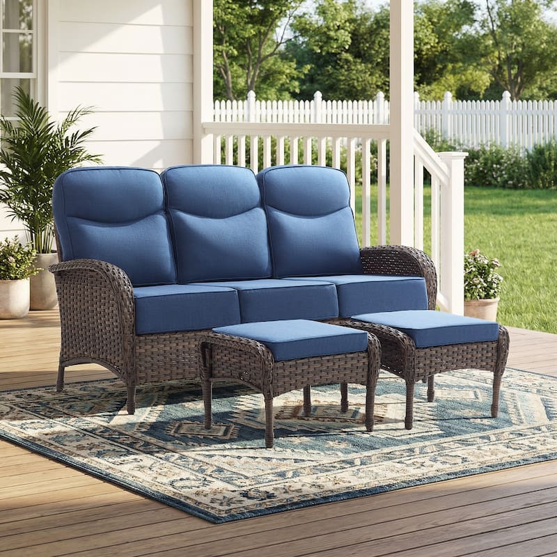 Pocassy Outdoor Sofa Swivel Chair and Ottman with Coffee Table - Brown Wicker Blue Cushion - 3-Piece Sofa with Ottoman