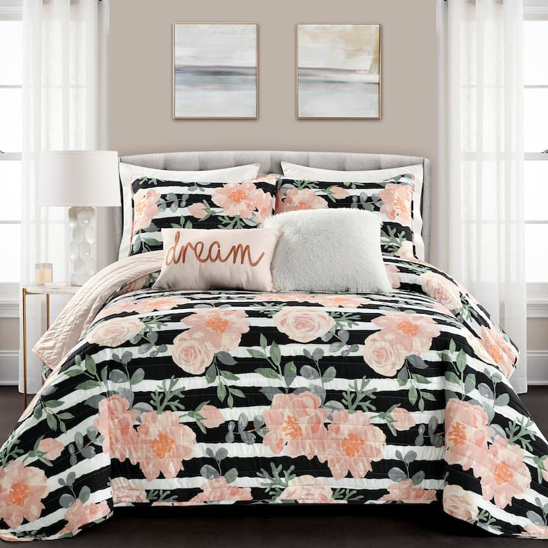 Lush Decor Amara Watercolor Rose 5 Piece Quilt Set - Black & Dusty Rose - King