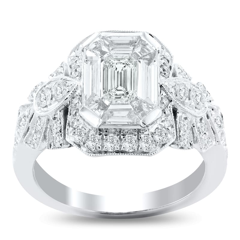 Auriya 14k Gold 1 5/8ctw Vintage Emerald and Trapezoid-Cut Diamond Halo Engagement Ring (G, VS1)