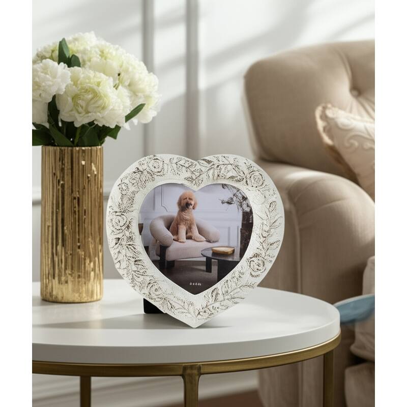 Polyresin Heart Shaped Photo Frame Floral Carving Design - 5x5" Ivory