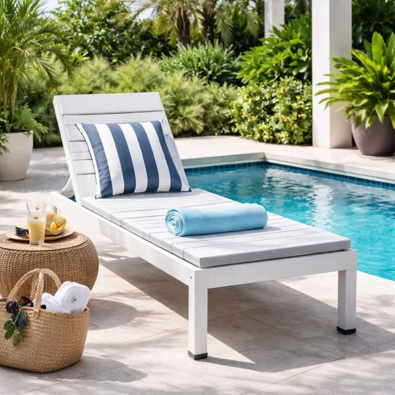 Josh 76 Inch Outdoor Chaise Lounger, White Aluminum Frame, Adjustable