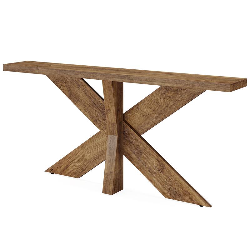 70.9" Long Farmhouse Console Table Behind Couch with Geometric Wooden Base