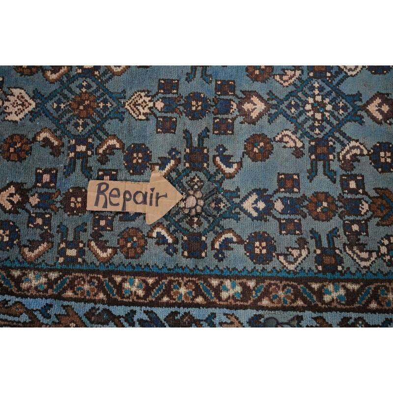 Blue Hamedan Persian Vintage Runner Rug Hand-Knotted Wool Carpet - 3'4" x 9'2"