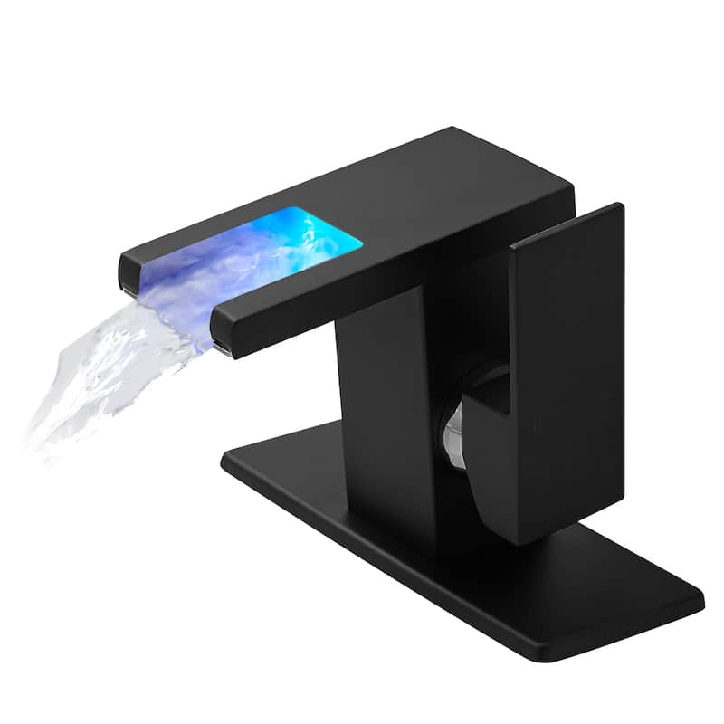 Bathroom Sink Faucet LED Light 3 Colors Changing Waterfall Glass Spout Hot Cold Water Mixer Single Handle One Hole - Black