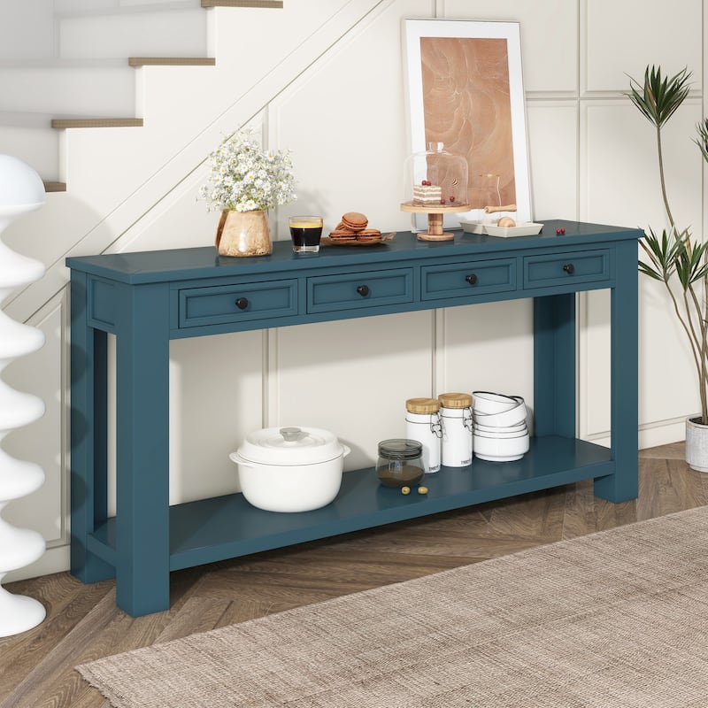 Rustic Dark Blue Console Table Entry Hallway Table, 63" Wood Rectangular Sofa Side Table with 4 Storage Drawers and Bottom Shelf