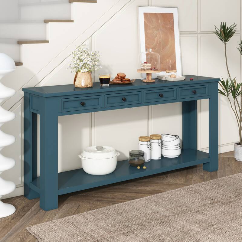 Rustic Wood Console Table Entry Hallway Table, 63" Rectangular Sofa Side Table with 4 Storage Drawers and Bottom Shelf
