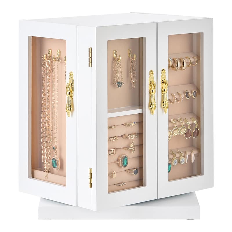 White Jewelry Organizer with 360 degree Rotation and Necklace Hooks
