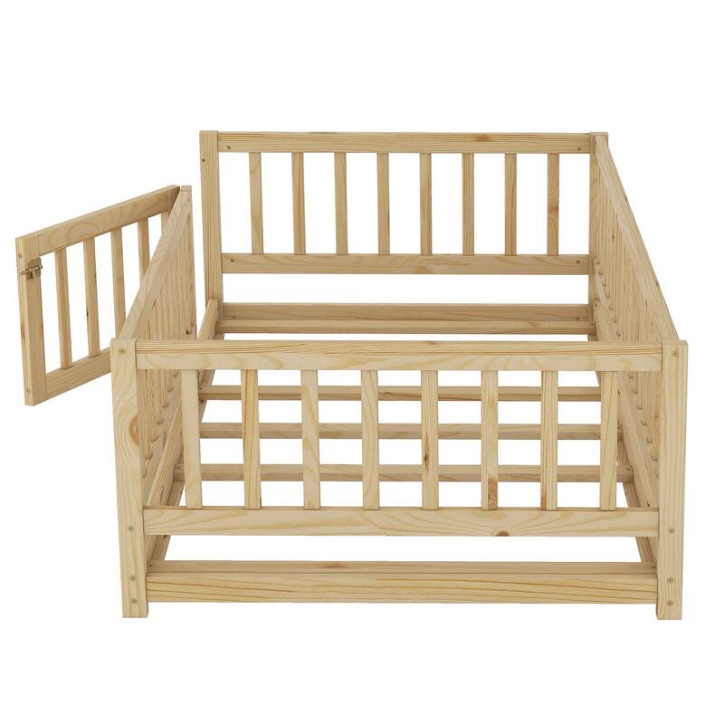 Twin Size Montessori Floor Bed with Fence, Door, and Slats for Kids, Natural Oak Finish