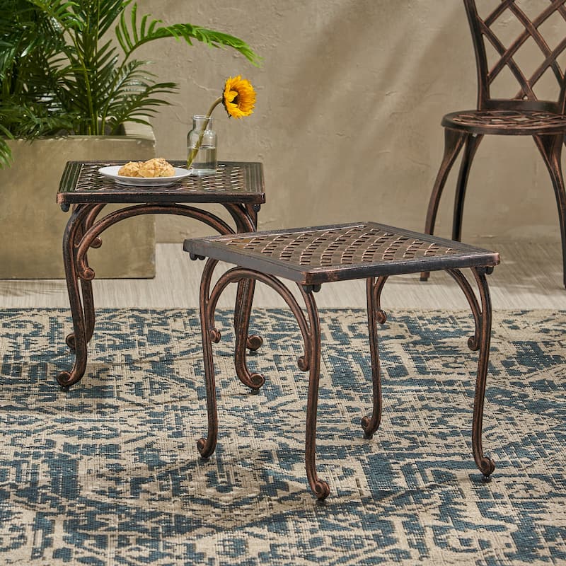 Roomfitters Cast Aluminum Outdoor Side Table Set of 2, Weather Resistant Patio Accent Tables with Lattice Design, Bronze - Antique Espresso