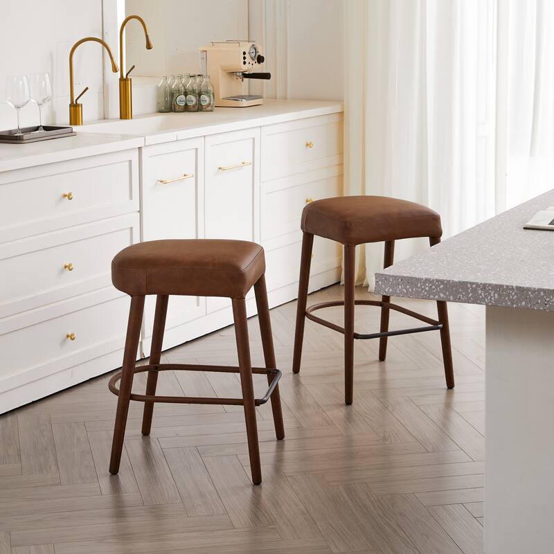 Set of 2 Counter Height Backless Brown Faux Leather Bar Stool - Comfortable Padded Seat with Sturdy Metal Legs
