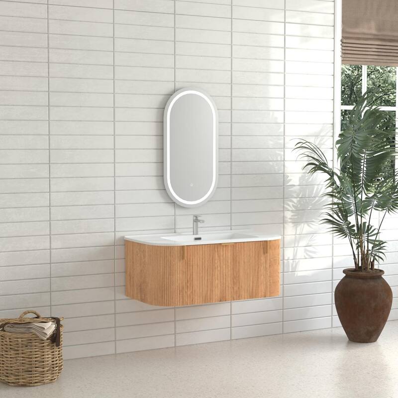 36" Bathroom Vanity with Basin,Wall-Mounted Floating Curved Edges Striped Bathroom Storage Cabinet with 2 Side Drawers