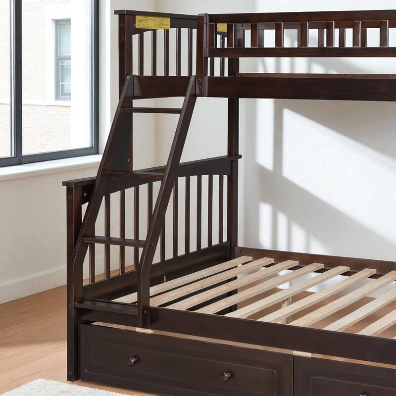 Twin over Full Bunk Bed with Drawers, Convertible to 2 Beds, Pine/MDF, Staircase & Guardrails, 79.7 x 57.5 x 61.2 in