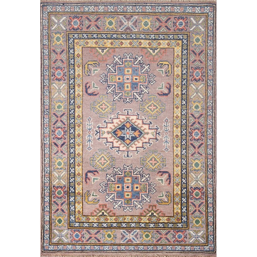 Brown Geometric Kazak Accent Rug Wool Carpet - 2'9" x 4'1"