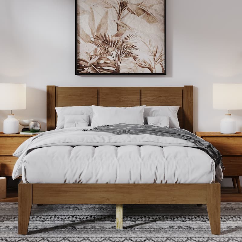 Elly Queen Walnut Solid Rubberwood Platform Bed Frame