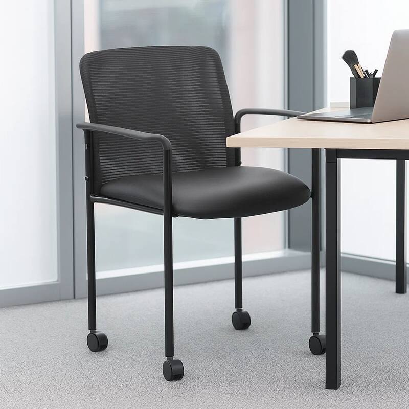 Vayu Stackable Guest Chair with Caster Wheels, Black Mesh and Caressoft Vinyl