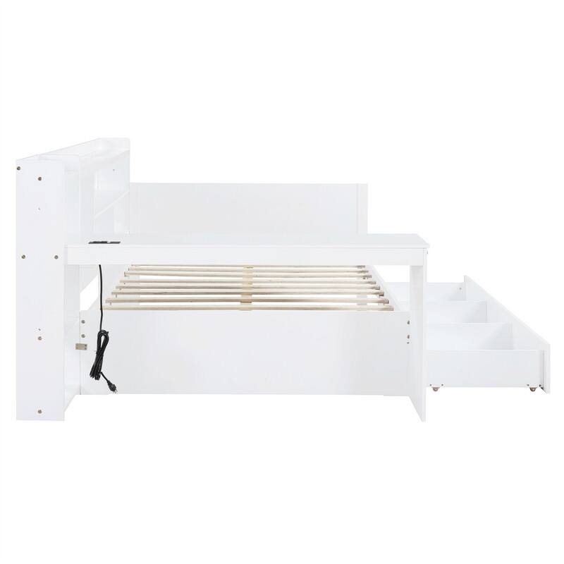 Twin/Full Daybed with 3 Storage Drawers and Bedside Desk, Wooden Day Bedframe Sofa Bed with Storage Shelves and USB Ports