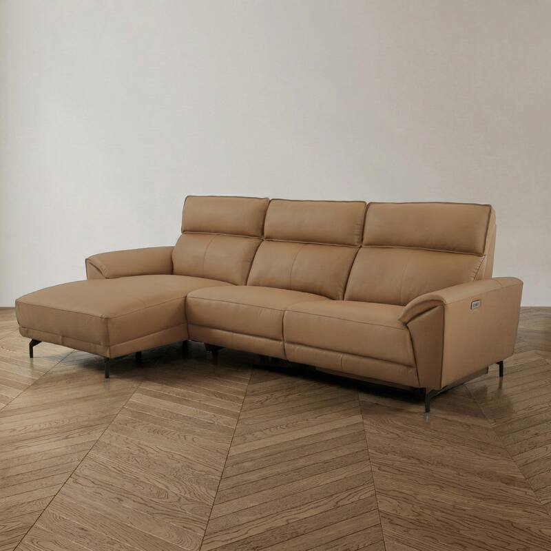 Furniture of America Fynae Modern Leather L-Shaped Sectional Recliner with Chaise and USB Ports - Light Brown - Left Facing