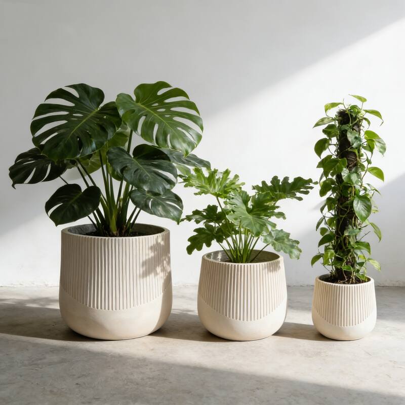 Large Outdoor Indoor Planter, 17.1"+13.38"+9" Dia Round Magnesium Oxide Planter Set of 3, Flower Pots with Drainage Holes - Antique White