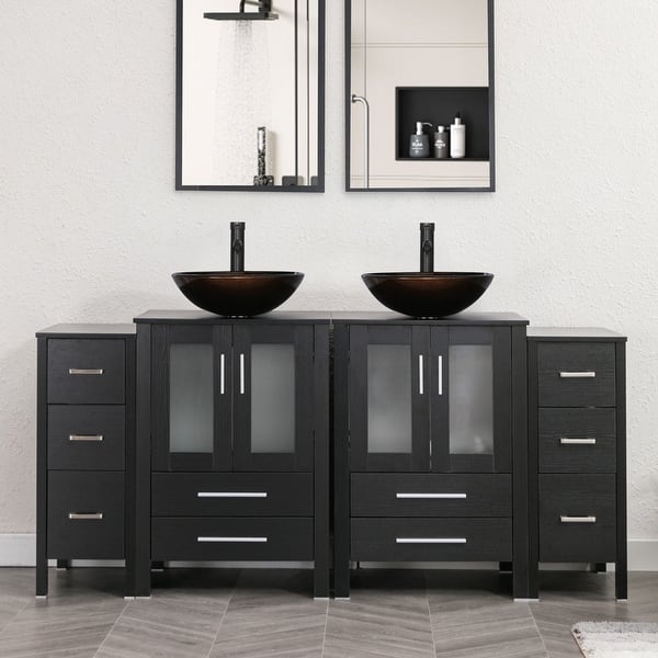 slide 2 of 7, 72" Bathroom Vanity Set Glass Ceramic Vessel Sink Side Cabinet Combo Black - Glass brown round sink