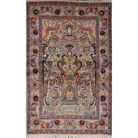 Vintage Floral Isfahan Persian Area Rug Hand-Knotted Ivory Silk Carpet - 3' 9'' X 5' 7''