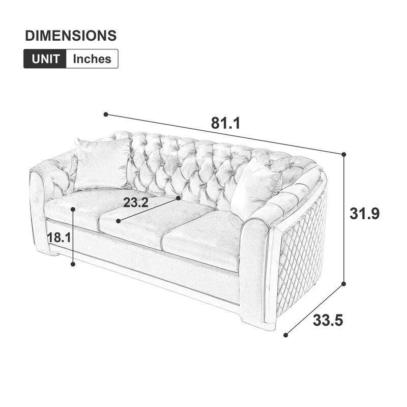 High-End European Design Velvet Chesterfield Sofa with Gold Stainless Steel Legs - 3-Seat Couch