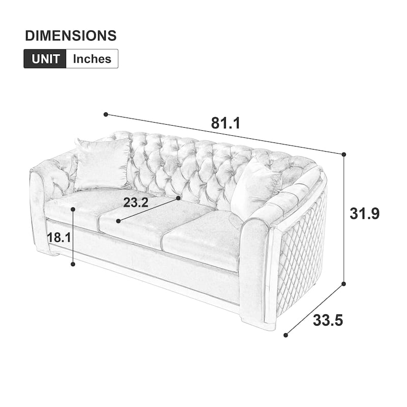 Velvet Chesterfield Sofa Set - 3-Seat Tufted Couch with Gold Stainless for Living Room