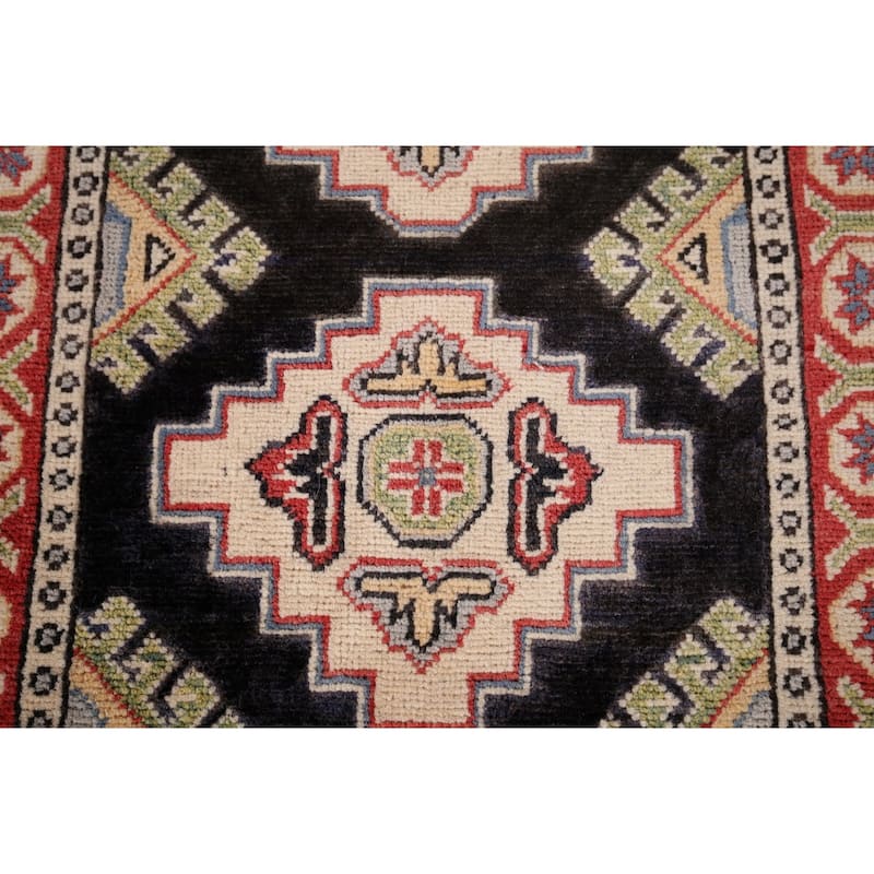 Black Geometric Kazak Oriental Foyer Rug Hand-Knotted Wool Carpet - 2'1" x 2'8"