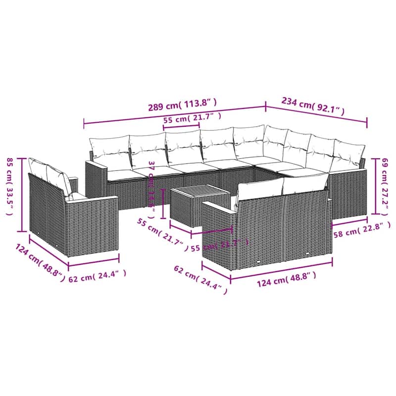 vidaXL Patio Sofa Set with Cushions Outdoor Conversation Furniture Poly Rattan - 24.4 x 24.4 x 27.2 in