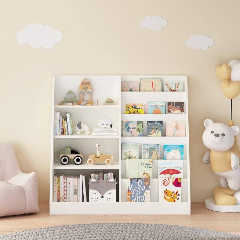 4-Tier Wooden Kids Bookshelf & Toy Organizer with Storage Bin, Modern Display Bookcase for Nursery Playroom - White