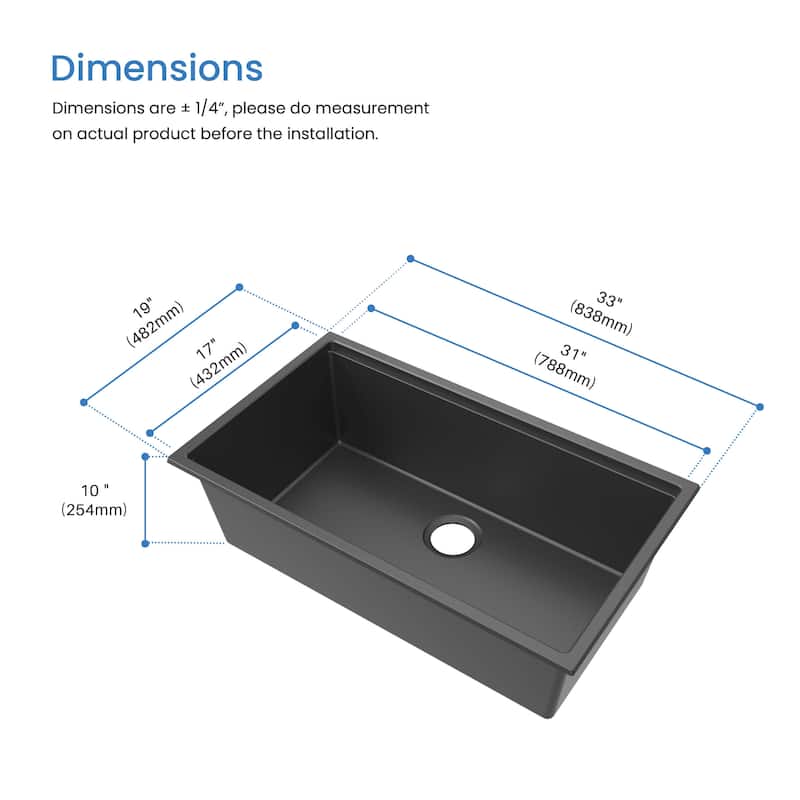 33" Undermount Workstation Single Bowl Quartz Kitchen Sink