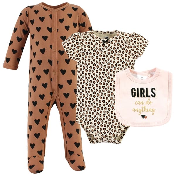 slide 1 of 1, Hudson Baby Infant Girl Cotton Sleep and Play, Bodysuit and Bandana Bib Set, Cinnamon Hearts 6-9 Months - Cinnamon Hearts