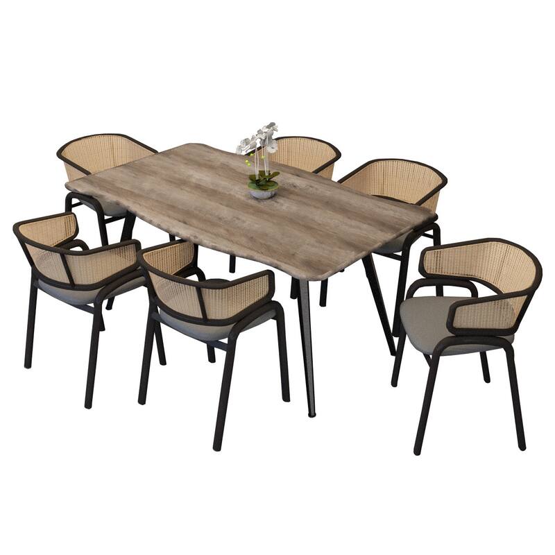 LeisureMod 7-pc Dining Set Ravenna Table and 6 Ervilla Chairs - Weathered Oak