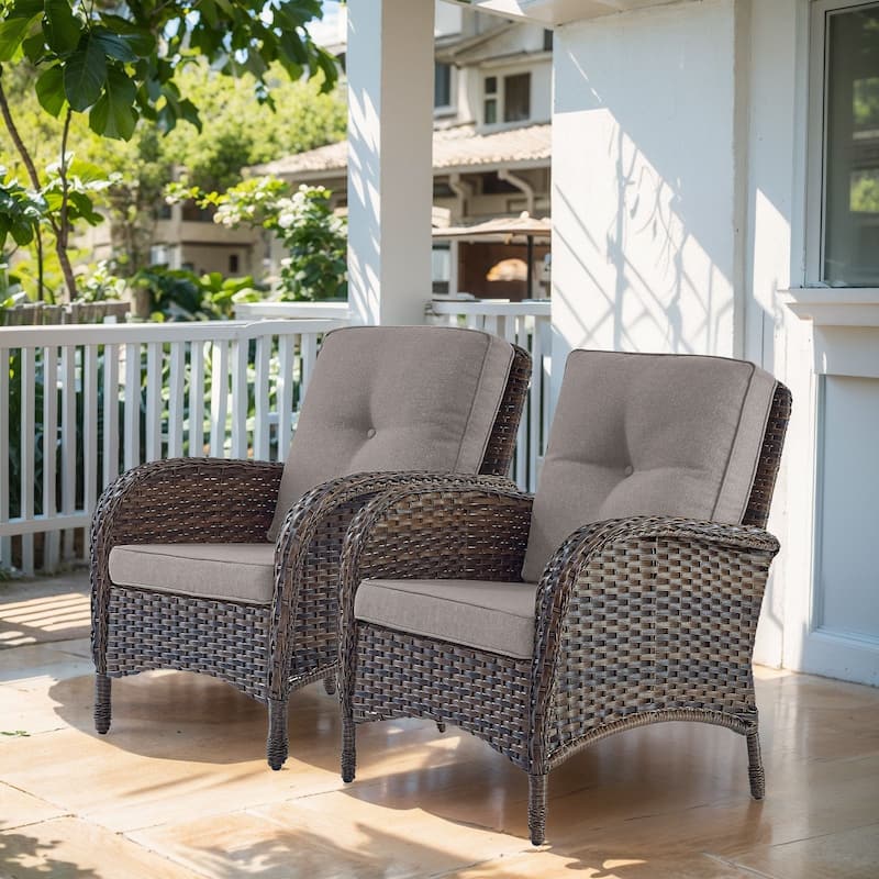 Pocassy Outdoor Wicker Patio Chairs Set - Brown Wicker Grey Cushion - 2PCS Patio Chairs