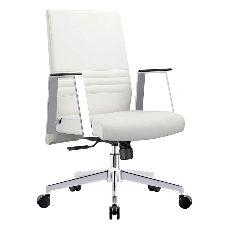 Mid-Back Leather Office Chair in Iron Modern Ergonomic Swivel Lift Tilt Computer Task Chair - White