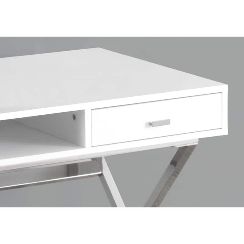 Contemporary Chrome Computer Desk - Home Office Desk with Storage - Small Space Desk - White Finish - 47.25"L