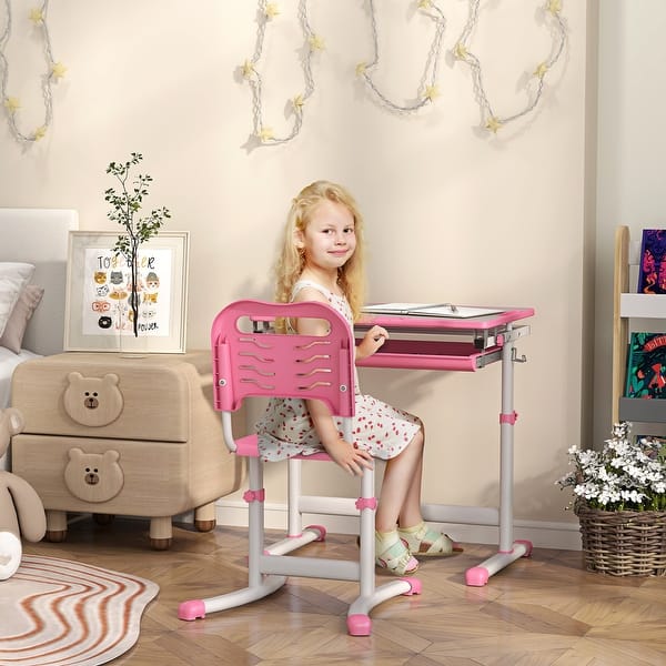 slide 2 of 27, Qaba Kids Desk and Chairs Set, Height Adjustable Children School Study Desk with Tilt Desktop, Storage Drawer Pink