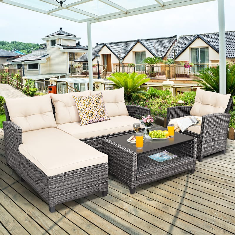 Costway 4PCS Patio Rattan Furniture Set Sofa Ottoman Cushion Garden - See Details - White