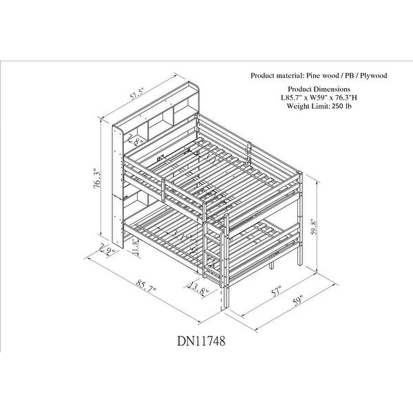 Gray Full Solid Wood Detachable Bunk Beds with Bookcase