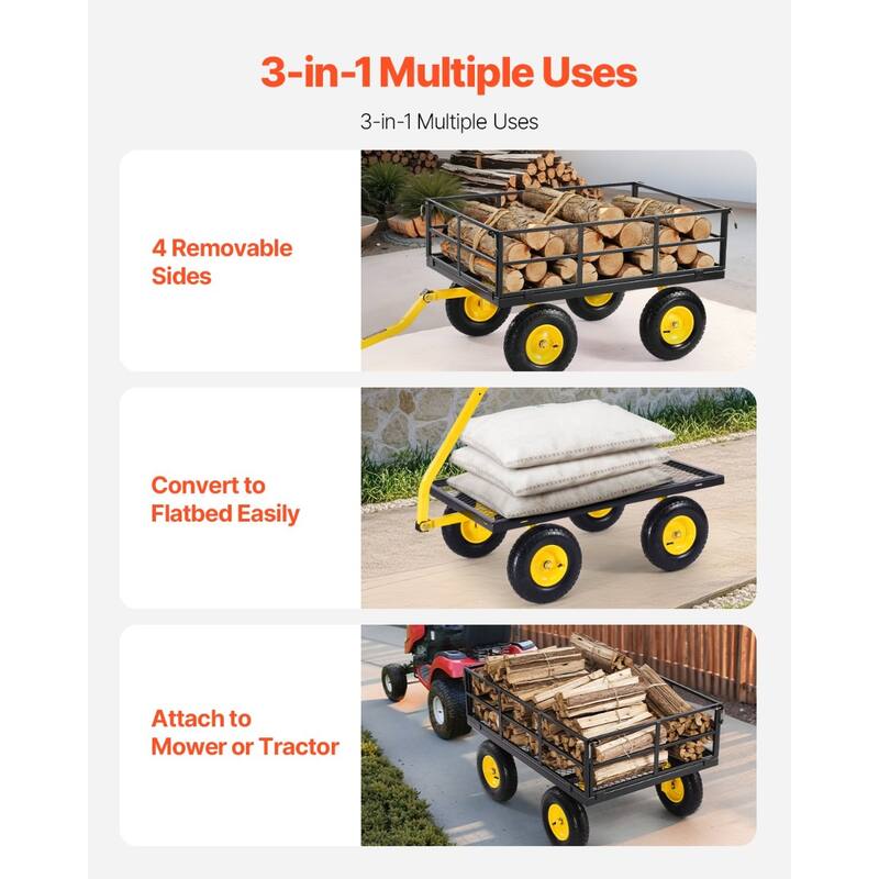 Heavy-Duty Steel Garden Cart, 1200 lbs Capacity, 3-in-1 Design - 83.66 x 29.53 x 26.38 inches