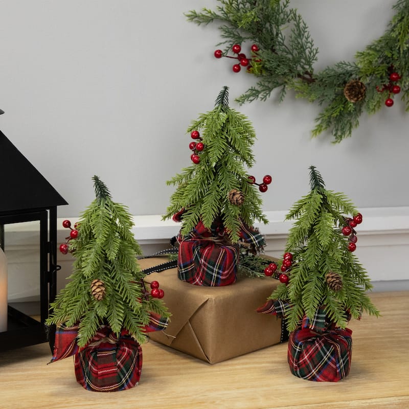 Mini Downswept Pine Artificial Christmas Trees Pine Cones 9" Set of 3 - Tabletop