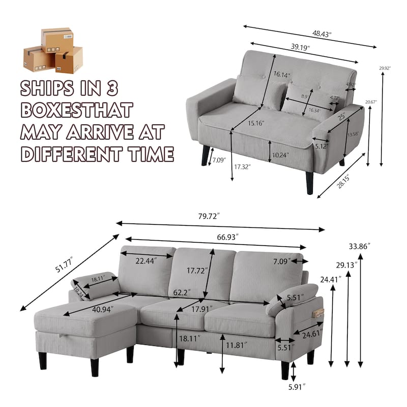3-Piece Living Room Sectional Sofa Set with Loveseat and Ottoman