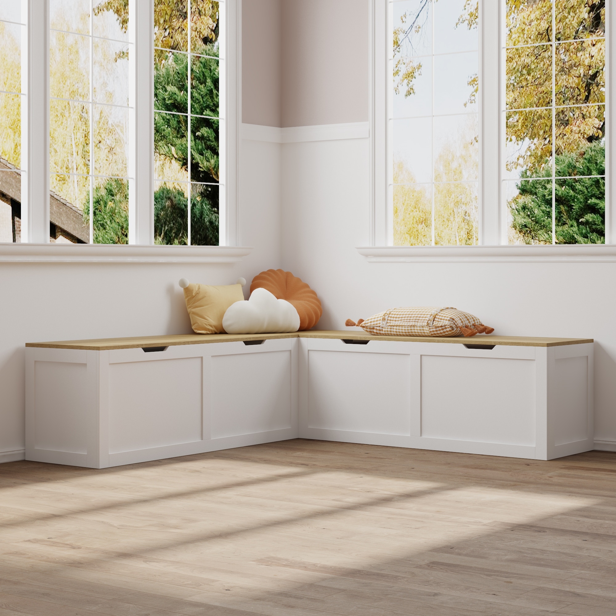 L-Shaped Storage Bench with Lift-Top Seats and Wooden Top