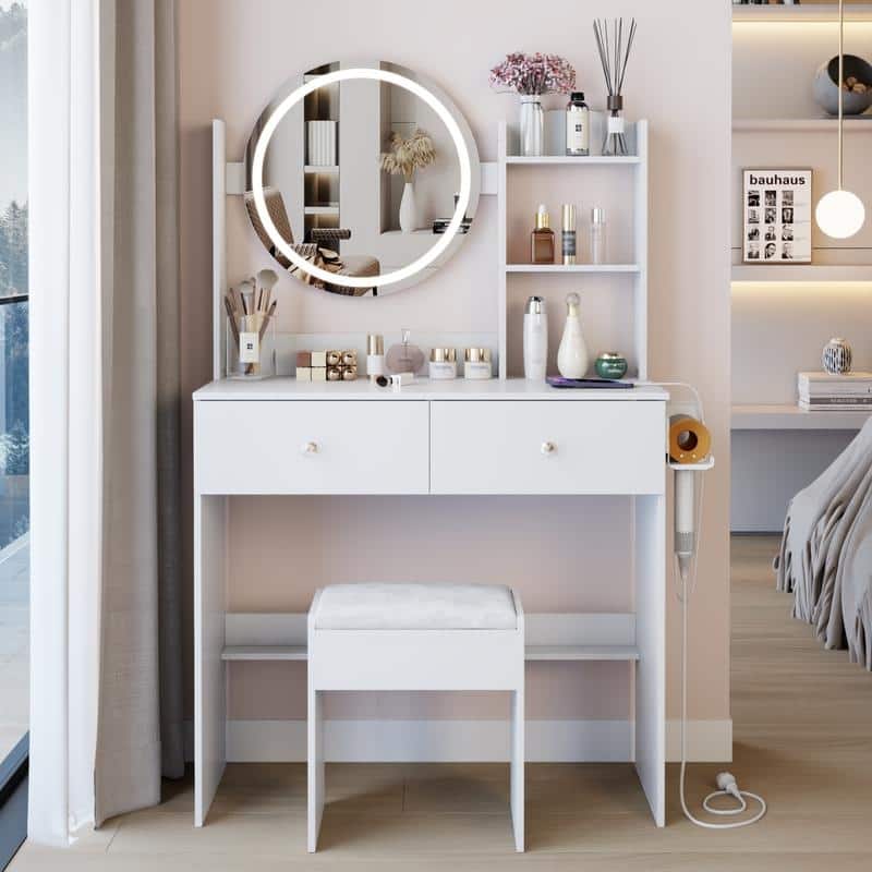 Vanity Dresser with Mirror and Stool Set Storage Drawers Luxury Furniture