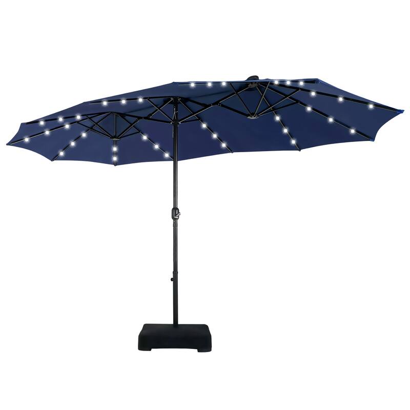 15ft Patio Umbrella Double-Sided Outdoor Extra Large Crank Lift Umbrella with Solar Led Lights and Base Included - Navy Blue