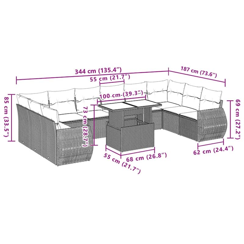 vidaXL Patio Sofa Set with Cushions Outdoor Furniture 11 Piece Poly Rattan - 21.7 x 39.4 x 28.7