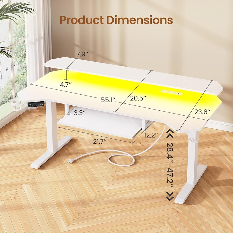 55" Standing Gaming Desk Long Computer Desk Power Strip Keyboard Tray