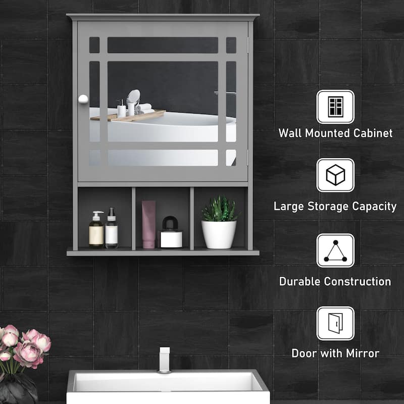 kleankin Bathroom Cabinet Wall Mount with Mirror Door 3 Shelf Organizer for Bathroom, Kitchen, Bedroom, Grey